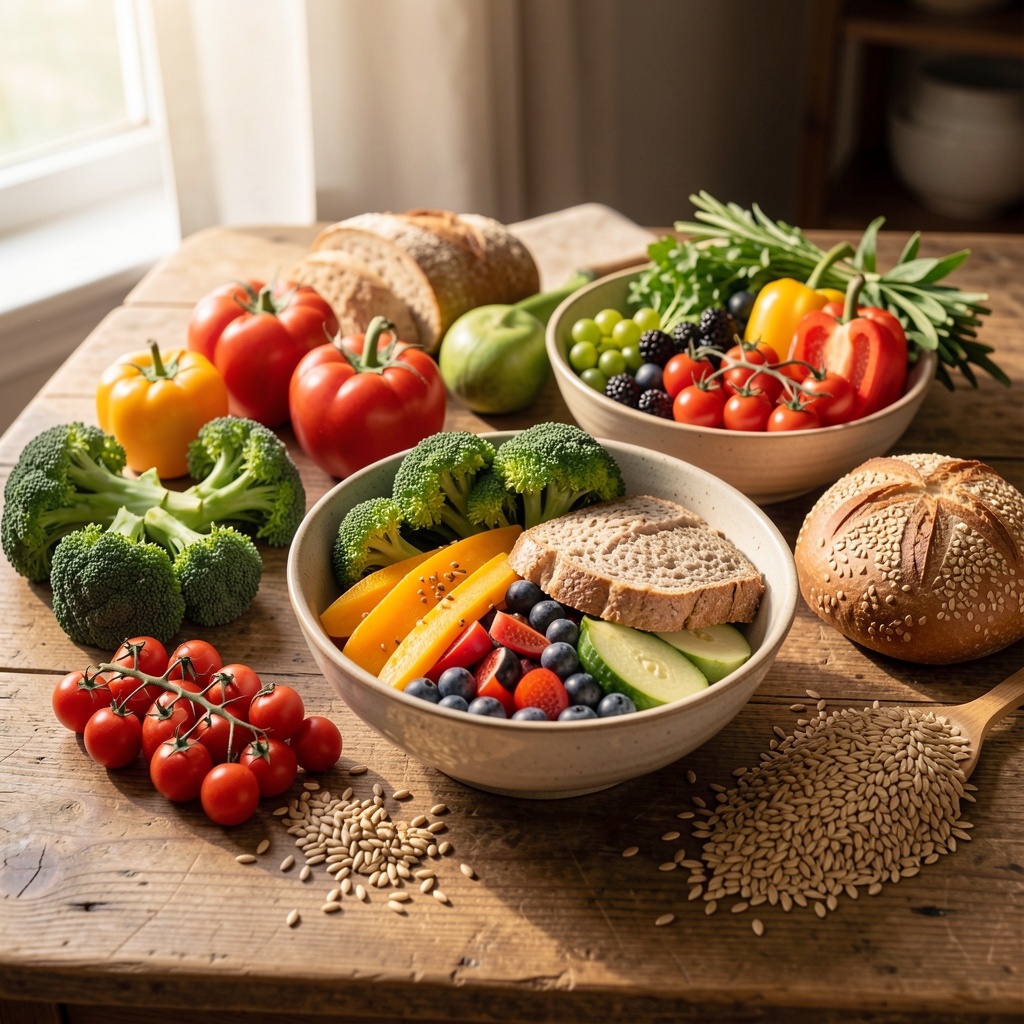 Colourful bowl of fresh mixed vegetables and grains arranged on a pale linen cloth in soft morning light