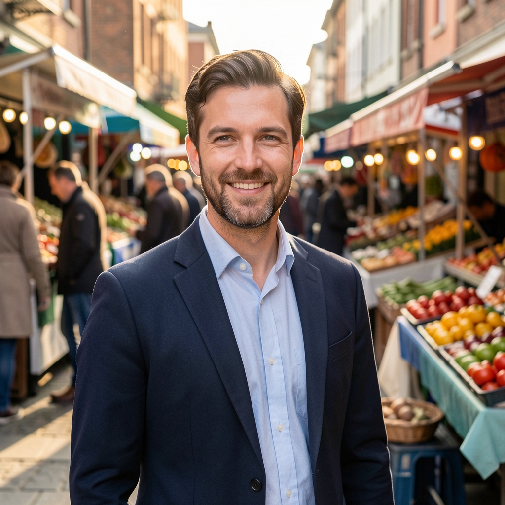 Tobias Caldwell — contributing writer photographed outdoors in morning light near a market