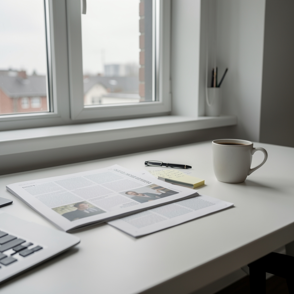Editorial workspace with printed articles, notes, and a coffee cup on a clean surface under a window in overcast daylight